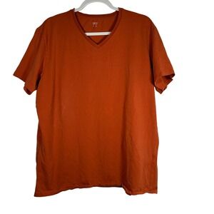 Celio Mens V-Neck T-Shirt XL Burnt Orange Cotton Blend Short Sleeve